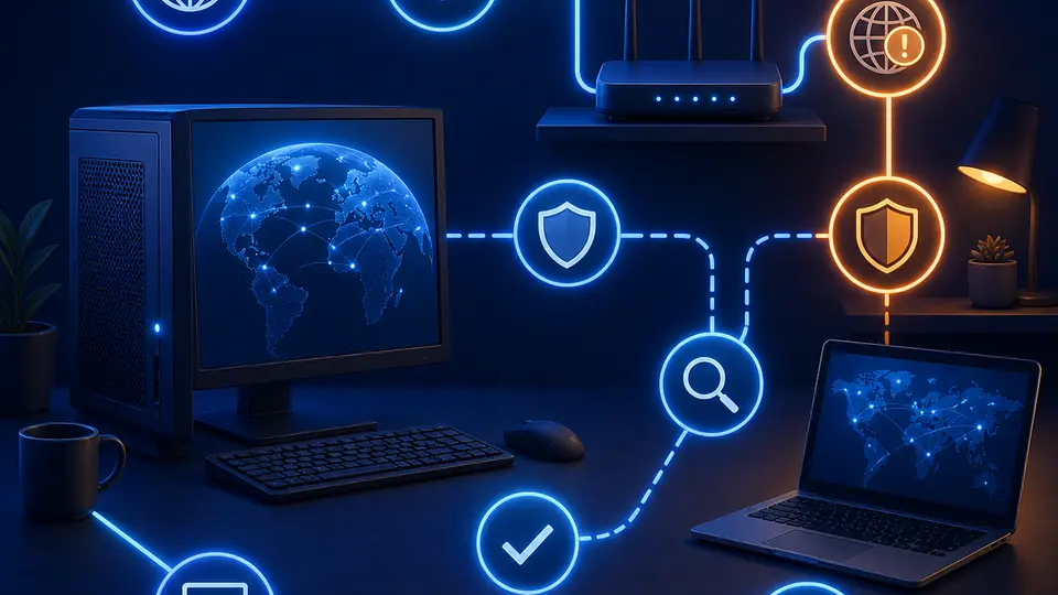 Editorial troubleshooting illustration with a computer, router, shield, clock and comparison devices for Roblox error code 267