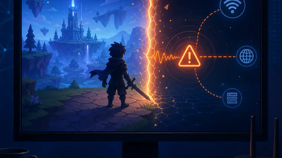 Editorial illustration of a game session separated from an online experience by an orange warning boundary for Roblox error code 267