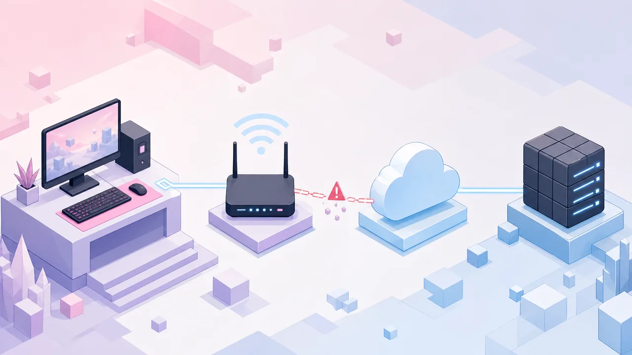 Editorial illustration of a PC, router, cloud and game server with a broken network link