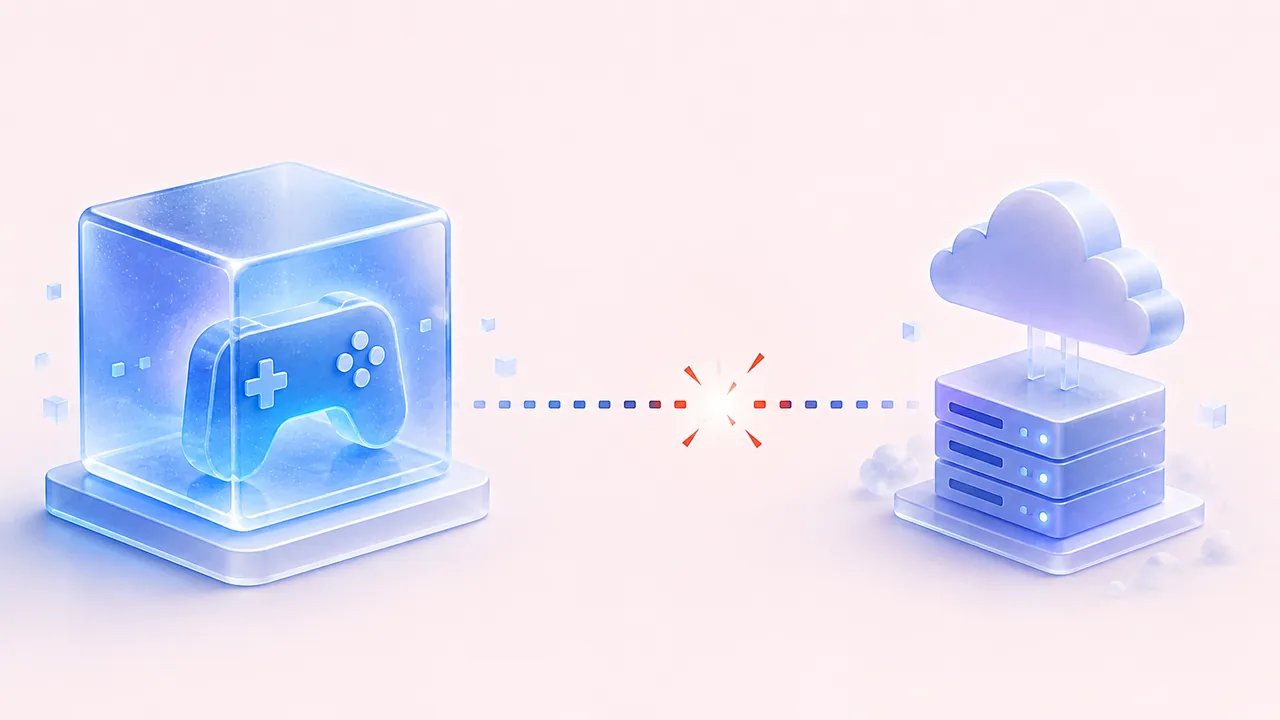 Editorial illustration of a broken connection between a generic game client and a cloud server for Roblox error code 279
