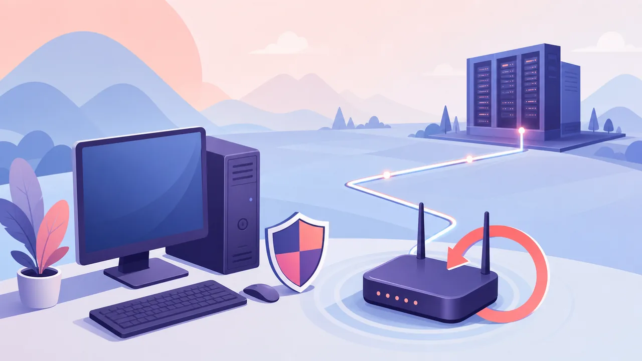 Editorial illustration of a generic Windows PC, router restart and firewall review during connection troubleshooting